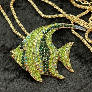 Betsey Johnson Green Tropical Fish Brooch/Pendant Necklace
